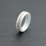 Serien# 004

Ringkörper aus weisser Keramik  hochglanzpoliert  
Ringprofil B Flachrund 6 mm breit Ringweite 55 
Dünner Goldreifen aus 18 KaratGelbgold
mit 46 Brillanten TW/VSi im Gesamtgewicht von 0,46 ct
Preis auf Anfrage